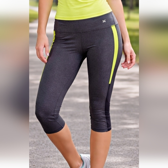 Xersion Pants - Xersion Charcoal Capri Leggings with Neon Yellow Accents
